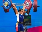 Harjinder Kaur of Punjab competes in the women's 71kg category weightlifting event at the 37th National Games, in Goa