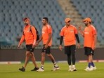 Indian coach Rahul Dravid with Rohit Sharma and Ravichandran Ashwin during a practice session ahead of the ICC Men's Cricket World Cup 2023 match between India and England Indian coach Rahul Dravid with Rohit Sharma and Ravichandran Ashwin during a practice session ahead of the ICC Men's Cricket World Cup 2023 match between India and England