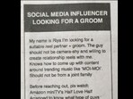 Matrimonial ad for the influencer. 