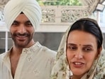 Angad Bedi and wife Neha Dhupia at father Bishan Singh Bedi's final prayer