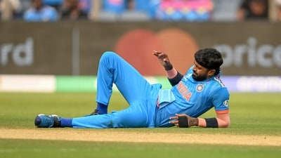 India's Hardik Pandya falls to the ground after injuring his left ankle during their match against Bangladesh in the ICC Men's Cricket World Cup 2023 (ICC Twitter) India's Hardik Pandya falls to the ground after injuring his left ankle during their match against Bangladesh in the ICC Men's Cricket World Cup 2023 (ICC Twitter)