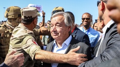 United Nations Secretary-General Antonio Guterres speaks outside the gate of the Egyptian side of the Rafah border crossing with the Gaza Strip on October 20. (AFP) United Nations Secretary-General Antonio Guterres speaks outside the gate of the Egyptian side of the Rafah border crossing with the Gaza Strip on October 20. (AFP)