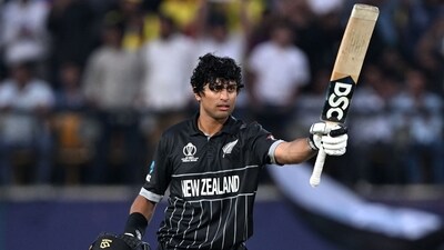 Chasing 389, New Zealand were restricted to 383/9 in 50 overs, despite a ton from Rachin Ravindra (116), half-centuries from James Neesham (58*) and Daryl Mitchell (54*). (AFP) Chasing 389, New Zealand were restricted to 383/9 in 50 overs, despite a ton from Rachin Ravindra (116), half-centuries from James Neesham (58*) and Daryl Mitchell (54*). (AFP)