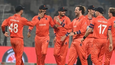 Netherlands celebrates the win against Bangladesh during ICC Men's Cricket World Cup 2023 match at Eden Garden (Hindustan Times/Samir Jana) Netherlands celebrates the win against Bangladesh during ICC Men's Cricket World Cup 2023 match at Eden Garden (Hindustan Times/Samir Jana)