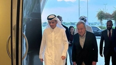 Israel-Hamas War: Qatari Prime Minister and Foreign Minister Sheikh Mohammed bin Abdulrahman bin Jassim Al Thani walks with United Nations Secretary-General Antonio Guterres during their meeting in Doha. (Reuters)