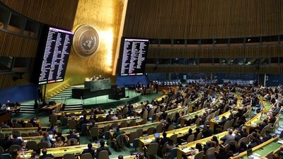 The UN General Assembly in an emergency special session to debate a resolution on the ongoing conflict between Israel and Hamas in New York City on October 27. (Reuters)