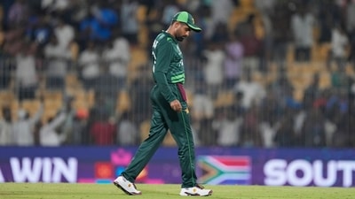 Pakistan's captain Babar Azam reacts after his team's loss against South Africa during the ICC Men's Cricket World Cup match in Chennai (AP) Pakistan's captain Babar Azam reacts after his team's loss against South Africa during the ICC Men's Cricket World Cup match in Chennai (AP)