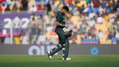 Pakistan's captain Babar Azam leaves the field after being dismissed during the ICC Men's Cricket World Cup match between South Africa and Pakistan in Chennai (AP) Pakistan's captain Babar Azam leaves the field after being dismissed during the ICC Men's Cricket World Cup match between South Africa and Pakistan in Chennai (AP)