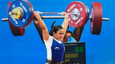 Harjinder Kaur of Punjab competes in the women's 71kg category weightlifting event at the 37th National Games, in Goa (PTI) Harjinder Kaur of Punjab competes in the women's 71kg category weightlifting event at the 37th National Games, in Goa (PTI)