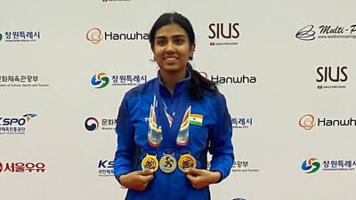 Panchkula’s Raiza Dhillon with her Asian Shooting Championship medals. (HT Photo)