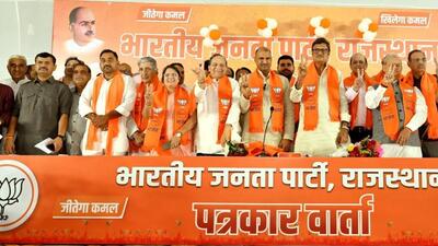 Rajasthan BJP incharge Arun Singh, the party’s state president CP Joshi and leader of opposition Rajendra Rathore welcomed the former Congress leaders and ex bureaucrats to the saffron party in Jaipur on Saturday. Rajasthan BJP incharge Arun Singh, the party’s state president CP Joshi and leader of opposition Rajendra Rathore welcomed the former Congress leaders and ex bureaucrats to the saffron party in Jaipur on Saturday.