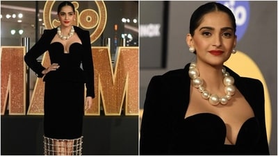 Sonam's black velvet tailleur is from the shelves of designer Tamara Ralph's eponymous couture label. The corseted ensemble has a lustrous gold metal, pearl and crystal encrusted flexible cage skirt on the hem, which elevates the outfit into a signature red-carpet look. (AFP) Sonam's black velvet tailleur is from the shelves of designer Tamara Ralph's eponymous couture label. The corseted ensemble has a lustrous gold metal, pearl and crystal encrusted flexible cage skirt on the hem, which elevates the outfit into a signature red-carpet look. (AFP)