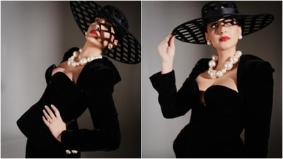 Sonam dress features raised shoulders, full-length sleeves encrusted with jewelled cufflinks, a sweetheart plunging neckline highlighting her decolletage, a peplum design on the waist, and a straight-fitted skirt attached with the pearl-embellished cage structure. (Instagram) Sonam dress features raised shoulders, full-length sleeves encrusted with jewelled cufflinks, a sweetheart plunging neckline highlighting her decolletage, a peplum design on the waist, and a straight-fitted skirt attached with the pearl-embellished cage structure. (Instagram)