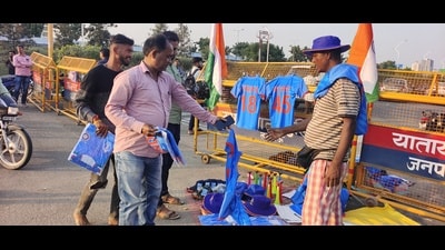 T-shirts and caps being sold outside the Atal Bihari Vajpayee Ekana International cricket stadium ahead of the match between India and England in Lucknow. (HT Photo) T-shirts and caps being sold outside the Atal Bihari Vajpayee Ekana International cricket stadium ahead of the match between India and England in Lucknow. (HT Photo)