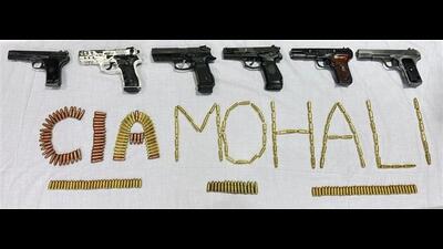 The six pistols and 275 cartridges that were recovered from the four operatives of the Babbar Khalsa International module on Saturday.