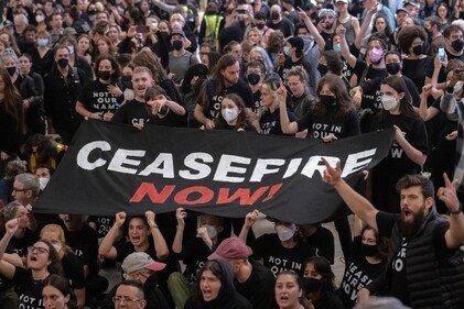 Protesters gather at Grand Central Terminal during a rally calling for a ceasefire between Israel and Hamas on Friday, Oct. 27, 2023, in New York. (AP Photo/Jeenah Moon) (AP) Protesters gather at Grand Central Terminal during a rally calling for a ceasefire between Israel and Hamas on Friday, Oct. 27, 2023, in New York. (AP Photo/Jeenah Moon) (AP)