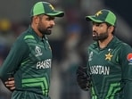 Pakistan's captain Babar Azam and wicketkeeper Mohammad Rizwan talk during the ICC Men's Cricket World Cup match between Pakistan and Afghanistan Pakistan's captain Babar Azam and wicketkeeper Mohammad Rizwan talk during the ICC Men's Cricket World Cup match between Pakistan and Afghanistan