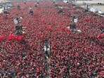 People wave Turkish and Palestinian flags as Turkish President speaks during a rally organised by the AKP party in solidarity with the Palestinians in Gaza on October 28. People wave Turkish and Palestinian flags as Turkish President speaks during a rally organised by the AKP party in solidarity with the Palestinians in Gaza on October 28.