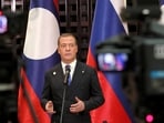 Russia's Deputy head of the Security Council Dmitry Medvedev speaks during a news conference.