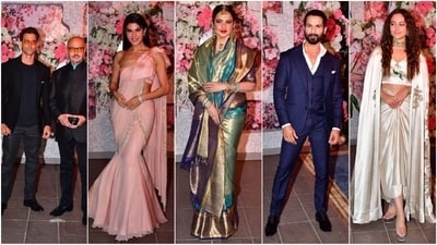 Hrithik Roshan, Sonakshi, Rekha, and other B'wood celebs attended reception party of Leslie Timmins-Saachi Nayak last night. (HT photo/VarinderChawla) Hrithik Roshan, Sonakshi, Rekha, and other B'wood celebs attended reception party of Leslie Timmins-Saachi Nayak last night. (HT photo/VarinderChawla)