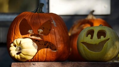 A shaft of light hits pumpkins carved to mark Halloween outside a home on Clarkson Street on Friday, Oct. 27, 2023, in Denver. (AP) A shaft of light hits pumpkins carved to mark Halloween outside a home on Clarkson Street on Friday, Oct. 27, 2023, in Denver. (AP)
