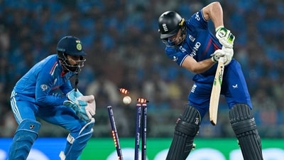 Jos Buttler is clean bowled as KL Rahul watches during the 2023 ICC Men's Cricket World Cup match between India and England (AFP) Jos Buttler is clean bowled as KL Rahul watches during the 2023 ICC Men's Cricket World Cup match between India and England (AFP)