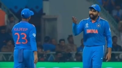Rohit Sharma (L) talks to Kuldeep Yadav after a missed chance at reviewing the dismissal (Hotstar) Rohit Sharma (L) talks to Kuldeep Yadav after a missed chance at reviewing the dismissal (Hotstar)
