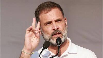 Congress leader Rahul Gandhi addresses a public meeting in Chhattisgarh’s Rajnandgaon on Sunday. (PTI)