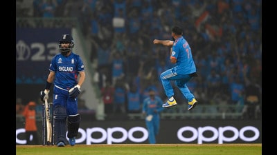 Mohammad Shami celebrates after taking a wicket on Sunday. (Deepak Gupta) Mohammad Shami celebrates after taking a wicket on Sunday. (Deepak Gupta)