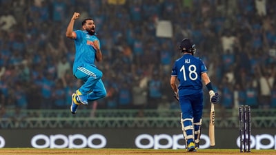 India's Mohammed Shami with Virat Kohli celebrates the wicket of England's Moeen Ali during the ICC Men's Cricket World Cup 2023 match between India and England, at Bharat Ratna Shri Atal Bihari Vajpayee Ekana Cricket Stadium (PTI) India's Mohammed Shami with Virat Kohli celebrates the wicket of England's Moeen Ali during the ICC Men's Cricket World Cup 2023 match between India and England, at Bharat Ratna Shri Atal Bihari Vajpayee Ekana Cricket Stadium (PTI)
