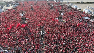 People wave Turkish and Palestinian flags as Turkish President speaks during a rally organised by the AKP party in solidarity with the Palestinians in Gaza on October 28. (AFP) People wave Turkish and Palestinian flags as Turkish President speaks during a rally organised by the AKP party in solidarity with the Palestinians in Gaza on October 28. (AFP)