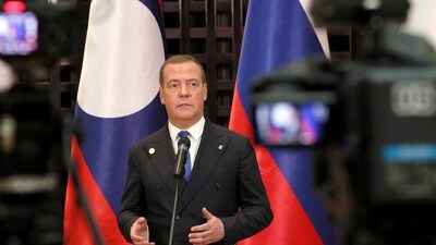 Russia's Deputy head of the Security Council Dmitry Medvedev speaks during a news conference. (Reuters)