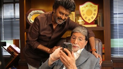 Rajinikanth and Amitabh Bachchan in the new BTS still shared by the production banner. Rajinikanth and Amitabh Bachchan in the new BTS still shared by the production banner.