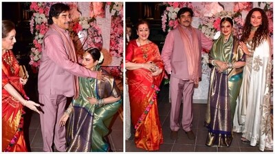 Rekha meets Shatrughan Sinha and family at a wedding reception. Rekha meets Shatrughan Sinha and family at a wedding reception.