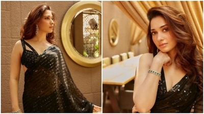 Tamannaah Bhatia exudes radiance in a timeless black chiffon saree (Instagram/@tamannaahspeaks) Tamannaah Bhatia exudes radiance in a timeless black chiffon saree (Instagram/@tamannaahspeaks)