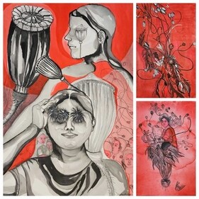 Artworks by Jyotsna Dwivedi depict humans and plants engaged in powerplay. Artworks by Jyotsna Dwivedi depict humans and plants engaged in powerplay.