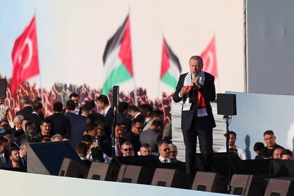 Turkish President Tayyip Erdogan speaks during a rally in solidarity with Palestinians in Istanbul on October 28. (Reuters)