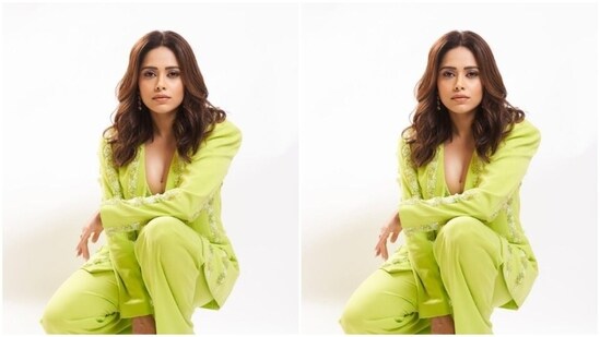 Nushrratt looked stunning as ever in a green embellished bralette, a matching blazer with full sleeves and embellishment details. She teamed it with a pair of matching formal trousers.&nbsp;(Instagram/@nushrrattbharuccha)