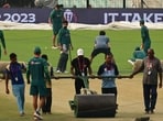 Pakistan captain Babar Azam having a look at the Eden Gardens pitch in Kolkata Pakistan captain Babar Azam having a look at the Eden Gardens pitch in Kolkata