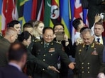 China's Central Military Commission Vice Chairman Zhang Youxia and Russian Defence Minister Sergei Shoigu arrive for the Beijing Xiangshan Forum on October 30.