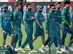 Pakistan's captain Babar Azam (L) attends a practice session at the Eden Gardens in Kolkata. Pakistan's captain Babar Azam (L) attends a practice session at the Eden Gardens in Kolkata.