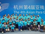 Hangzhou: Para medallists with officials pose for group photos at the 4th Asian Para Games, in Hangzhou. (PTI Photo)(PTI10_27_2023_000277B) Hangzhou: Para medallists with officials pose for group photos at the 4th Asian Para Games, in Hangzhou. (PTI Photo)(PTI10_27_2023_000277B)