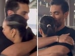 Angad Bedi was welcomed with a big hug by wife Neha Dhupia.
