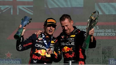 Red Bull driver Max Verstappen of the Netherlands, left, and engineer Richard Wolverson celebrate on the podium (AP) Red Bull driver Max Verstappen of the Netherlands, left, and engineer Richard Wolverson celebrate on the podium (AP)