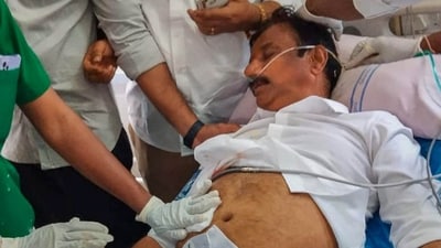 BRS MP and party candidate Kotha Prabhakar Reddy undergoes treatment after he was stabbed while campaigning for upcoming Telangana Assembly elections, in Siddipet district, Monday (PTI) BRS MP and party candidate Kotha Prabhakar Reddy undergoes treatment after he was stabbed while campaigning for upcoming Telangana Assembly elections, in Siddipet district, Monday (PTI)
