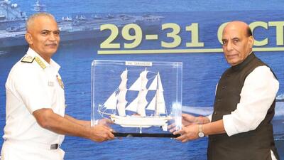 Navy chief Admiral R Hari Kumar and defence minister Rajnath Singh at the 4th Goa Maritime Conclave. (MoD) Navy chief Admiral R Hari Kumar and defence minister Rajnath Singh at the 4th Goa Maritime Conclave. (MoD)