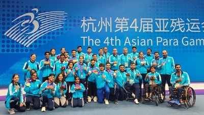 Hangzhou: Para medallists with officials pose for group photos at the 4th Asian Para Games, in Hangzhou. (PTI Photo)(PTI10_27_2023_000277B) (PTI) Hangzhou: Para medallists with officials pose for group photos at the 4th Asian Para Games, in Hangzhou. (PTI Photo)(PTI10_27_2023_000277B) (PTI)
