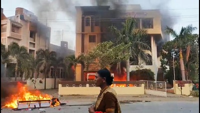 Smoke billows after an office of NCP was set on fire by Maratha reservation agitators in Beed district of Maharashtra (PTI/ Videograb) Smoke billows after an office of NCP was set on fire by Maratha reservation agitators in Beed district of Maharashtra (PTI/ Videograb)