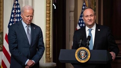 US president Joe Biden listens as second gentleman Douglas Emhoff speaks. (AFP) US president Joe Biden listens as second gentleman Douglas Emhoff speaks. (AFP)