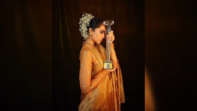 Sobhita Dhulipala struck a series of graceful poses, showcasing her outfit and the award with style. (Instagram/@sobhitad) Sobhita Dhulipala struck a series of graceful poses, showcasing her outfit and the award with style. (Instagram/@sobhitad)
